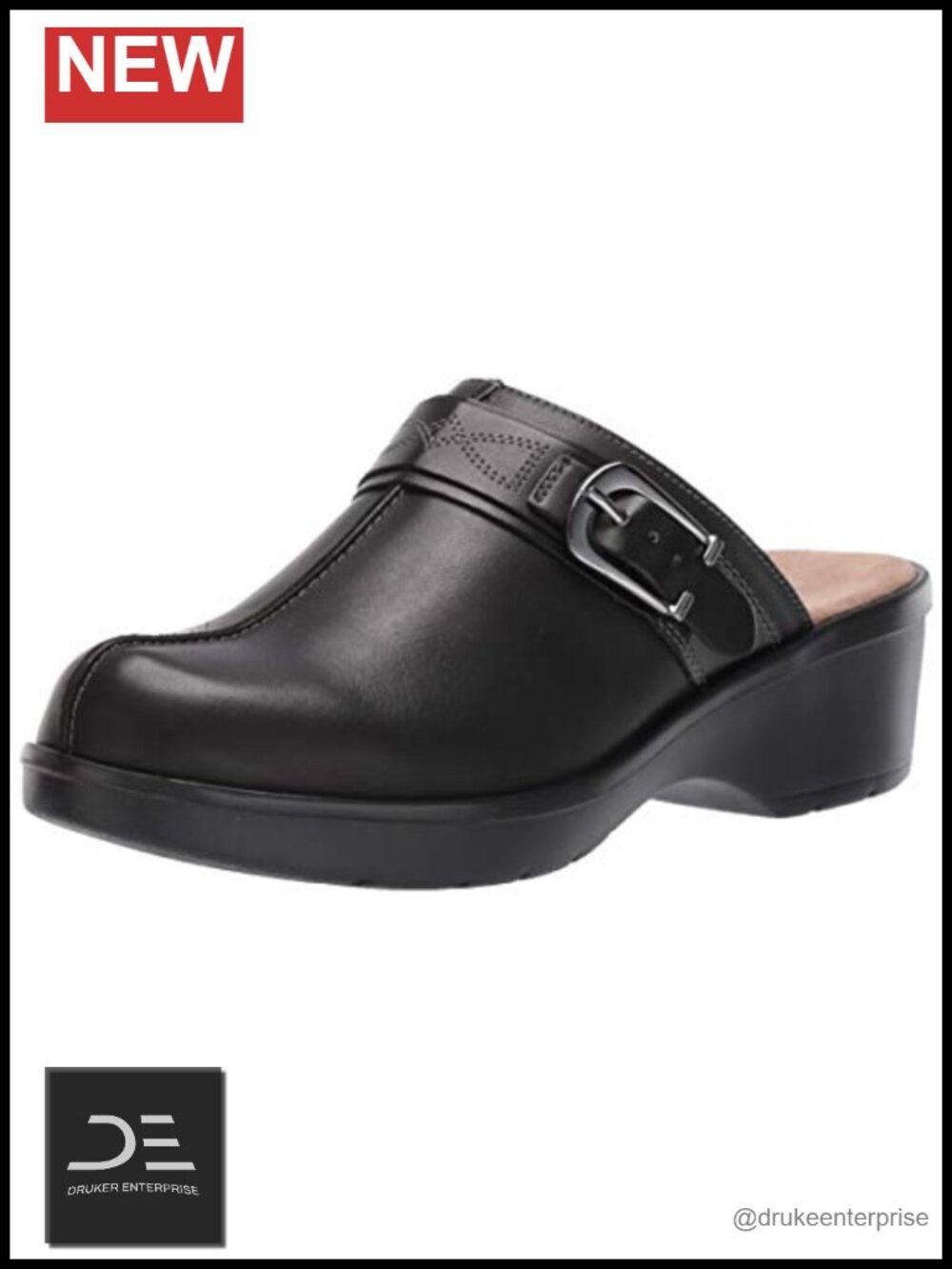 Calfskin Leather Slip-On Clogs with Buckle Detailing, Lightweight Cushioned
